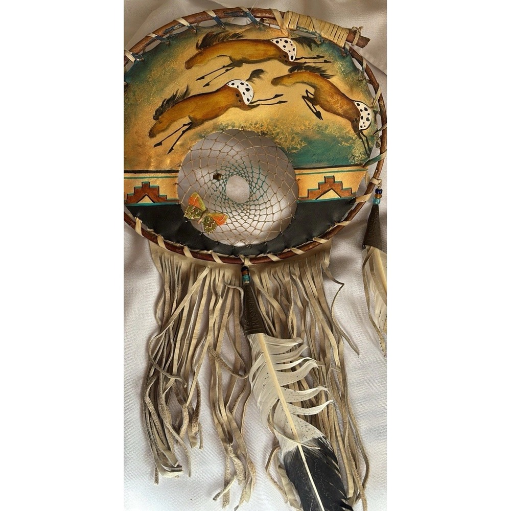 Dreamcatcher Handmade Racing Horses Suede Feathers Cowhide Boho Western SIGNED